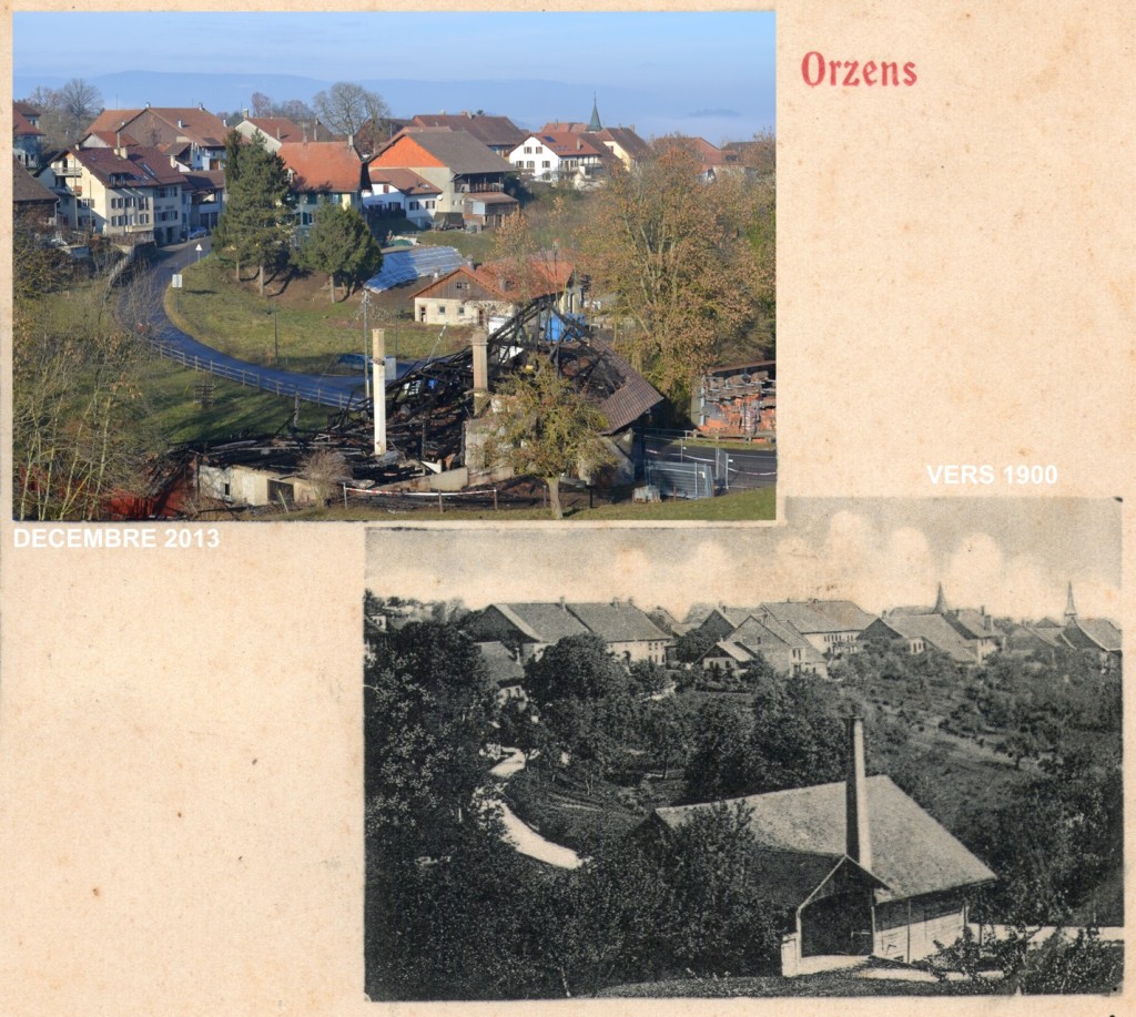 Le battoir d'Orzens avant d'être transformé en salle polyvalente. Le deuxième clocher, en arrière plan à droite était l'ancienne église d'Orzens, démolie en 1907.